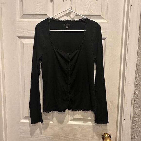 J. Crew Scoopneck Lace Trim‎ Henley Button Down Black Size Large Cotton Modal - Picture 1 of 6